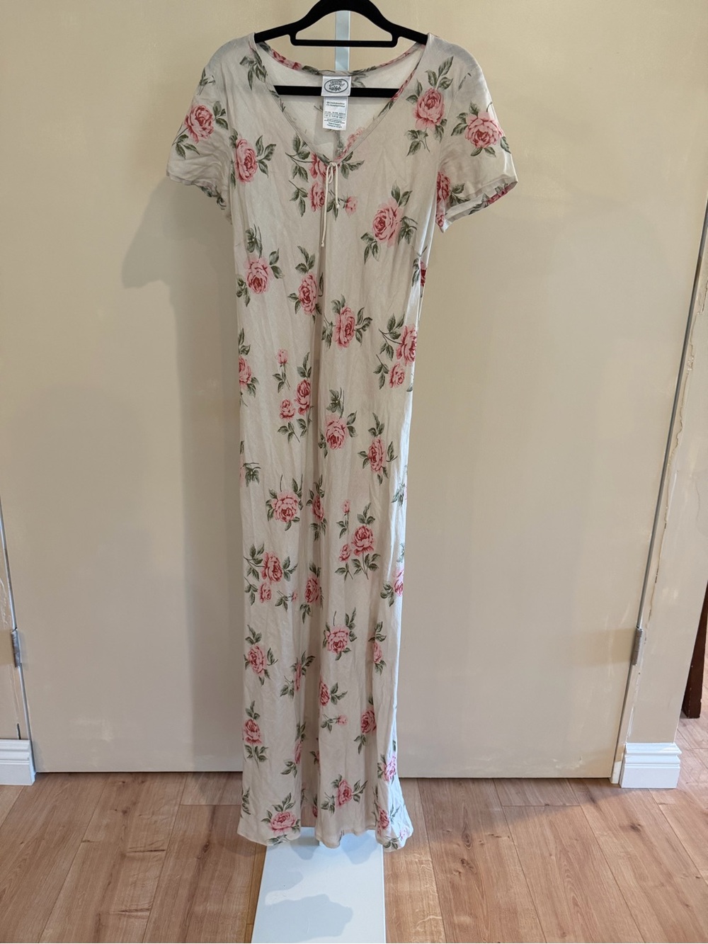 Laura Ashley Cream Dress with Pink Rose and Green Leaf Print (4)